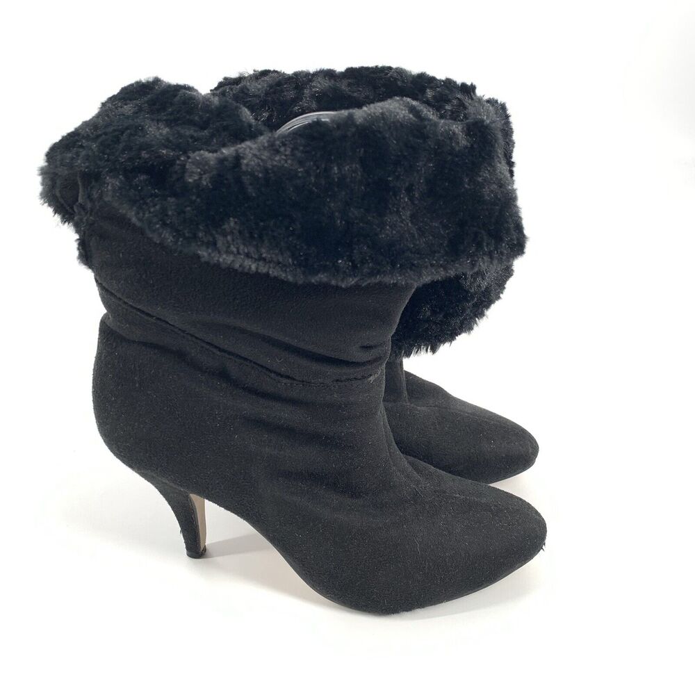 Anne Michelle Tulip High Heel Slouch Boots Size 6 Womens Solid Black Fake Fur